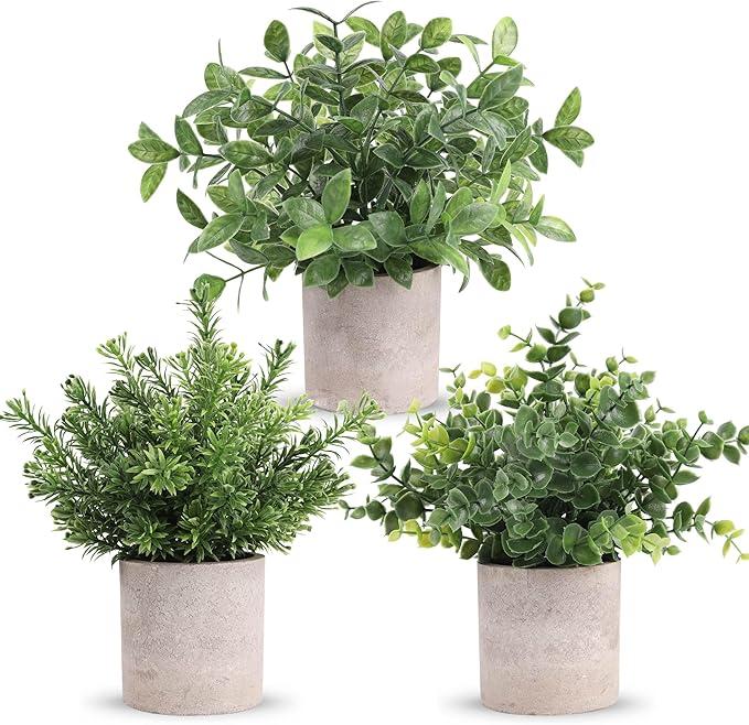 Der Rose 3 Pack Mini Potted Fake Plants Artificial Plastic Eucalyptus Plants Topiaries for Home Office Desk Farmhouse Room Bathroom Decor 