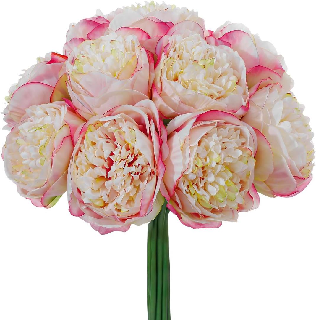 10PCS Champagne Realistic Silk Peonies Bouquet, Waterproof & UV Resistant Faux Peony Flowers, All-Weather Artificial Stems for Outdoor, Grave, Wedding Centerpiece & Home Decor