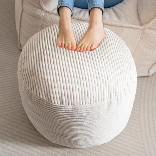 HIGOGOGO Round Stuffed Pouf Ottoman, Corduroy Poufs with Foam Chunk Filling, Furry and Fluffy Pouf Foot Stool Storage Ottoman, 20 X 15 Floor Poufs Foot Rest for Living Room, Beige