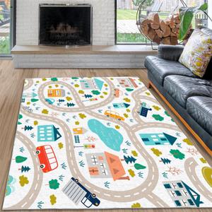 Kids Rug Road Washable Area Rug Living Room Rugs 4x6, Educational Animal Printe Floor Carpets for Bedroom, Low Pile Non Slip Rug Home Office Nursery Play Mat