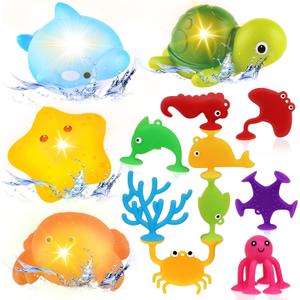 Baby Bath Toys for Kids Ages 1-3, No Hole Light Up Bath Toys for Babies 6-12 Months, Sensory Suction Cup Bath Toys for Toddlers 2-4, Ocean Animal Bathtub Pool Toys Gifts for 1 2 3 Year Old Boy Girl