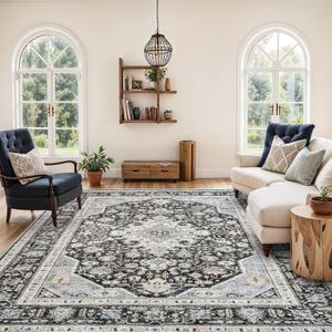 Washable Area Rug 8x10 - Bedroom Living Room Large Indoor Rugs Soft Oriental Vintage Rugs Non-Slip Backing Stain Resistant for Farmhouse Kitchen (Slate Grey/Black 8x10) (8' x 10', Black/Grey)