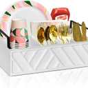 Paper Plate Dispenser, Paper Plate Holder for Kitchen Counter, Wood Rustic Silverware Utensil Caddy, Flatware Organizer with 6 Compartments- Plate Caddy for Picnic and Kitchen (White)