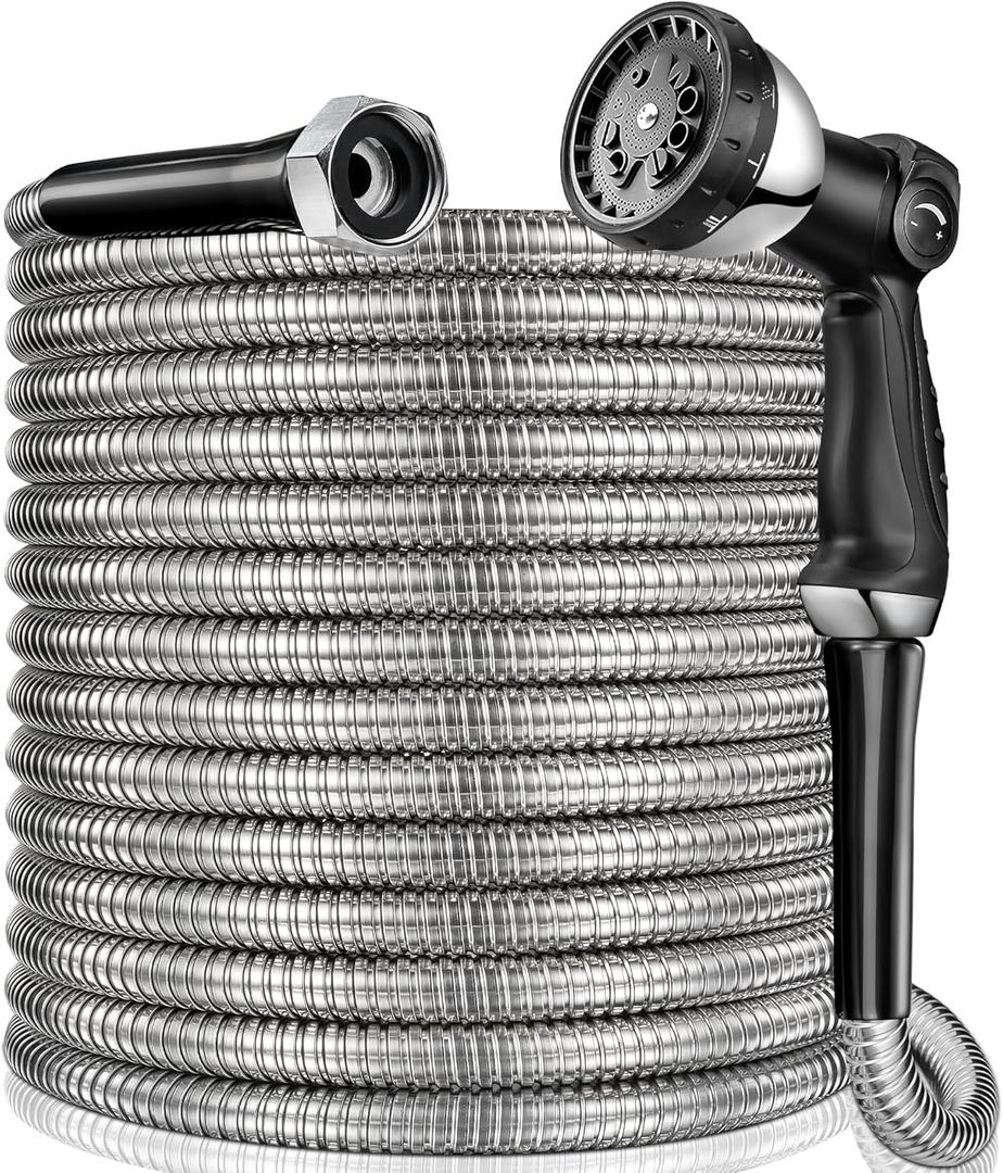65 ft Garden Hsoe - 2025 Upgraded 304 Stainless Steel Garden Hose with 10-Function Spray Gun, 3/4'' Copper-Chrome Fittings  Lightweight, Durable, and Kink-Free, Metal Water Hoses for Gardening (Silver)