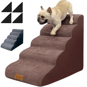 Dog Stairs & Pet Ramp for Small/Large Dogs to High Beds/Couches - 5 Steps 24-inch Height for 18-30 inch Furniture, 2 Washable Covers (Brown, Grey), Non-Slip Balanced 33D Design for Old Dogs & Cats