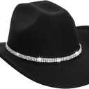 Vintage Western Cowboy Hat for Men Women - Wide Brim Cowgirl Fedora Bling Hats with Diamonds M (Black-d3)