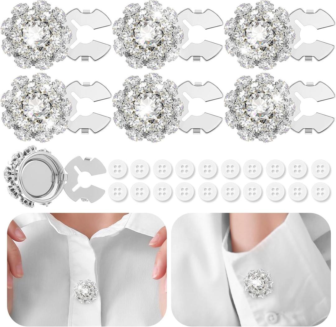 6 Sets Crystal Flower Button Covers Decorative Rhinestone Covers with 20 Pcs 11mm Sewing Buttons Detachable Shirt Clip on Jewelry Reusable for Crafts DIY Women Men Shirts Blouses Dresses, Silver