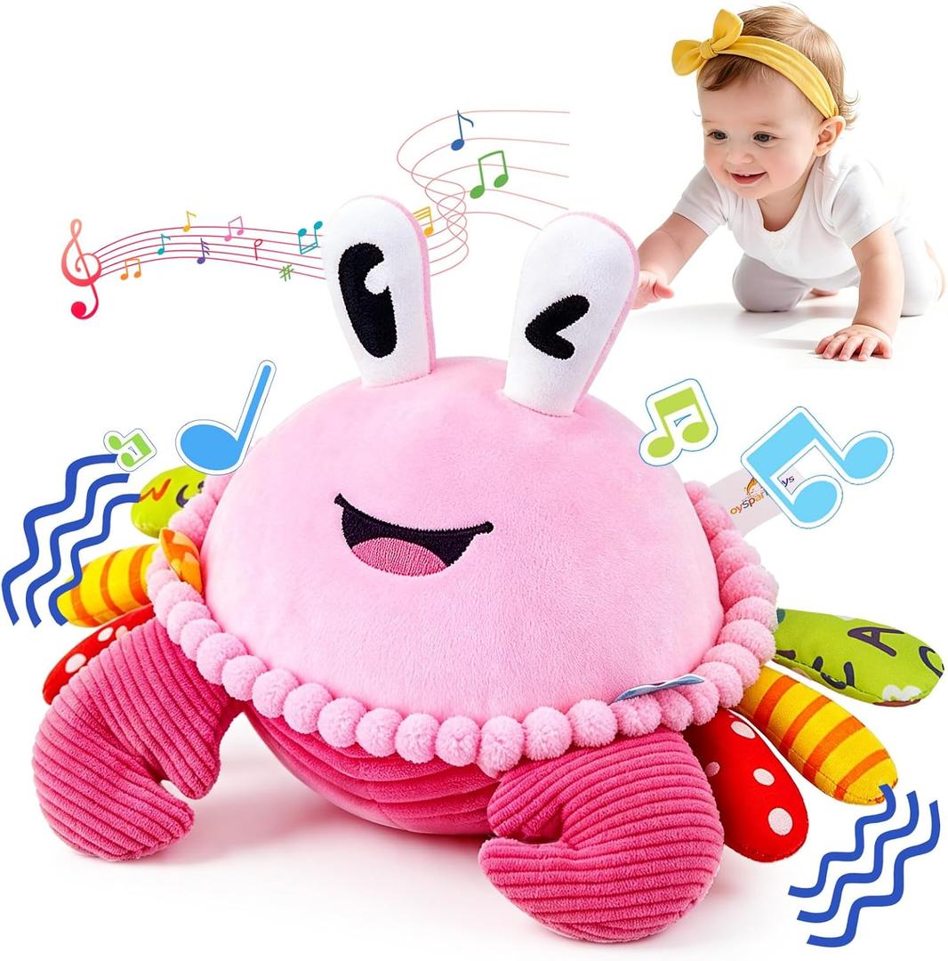 Baby Toys for 1 Year Old Girl Gifts, Pink Musical Dancing Crab Plush Toy | Rechargeable Interactive Plush Toy with 50 Songs & Voice Recorder, Sensory Play for Tummy Time, Gifts for Infants 6 Months+