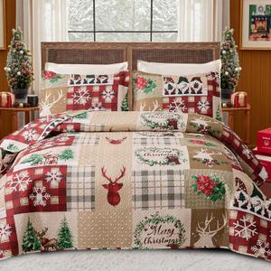 3 Piece Christmas Quilt Set Queen - Red Quilts for Queen Size Bed, Multicolor Patchwork Printed Pattern Christmas Bedding Set with Snowman Elf Moose- Soft Microfiber Lightweight Coverlet Bedspread (Beige Red Plaid)