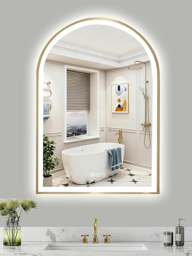 Gold Arch Mirror with Lights, 24x36 Inch Led Mirror for Bathroom, Wall-Mounted Mirror with Anti-Fog, Memory Function, 3 Color Temperature, Dimmable Led Bathroom Mirror