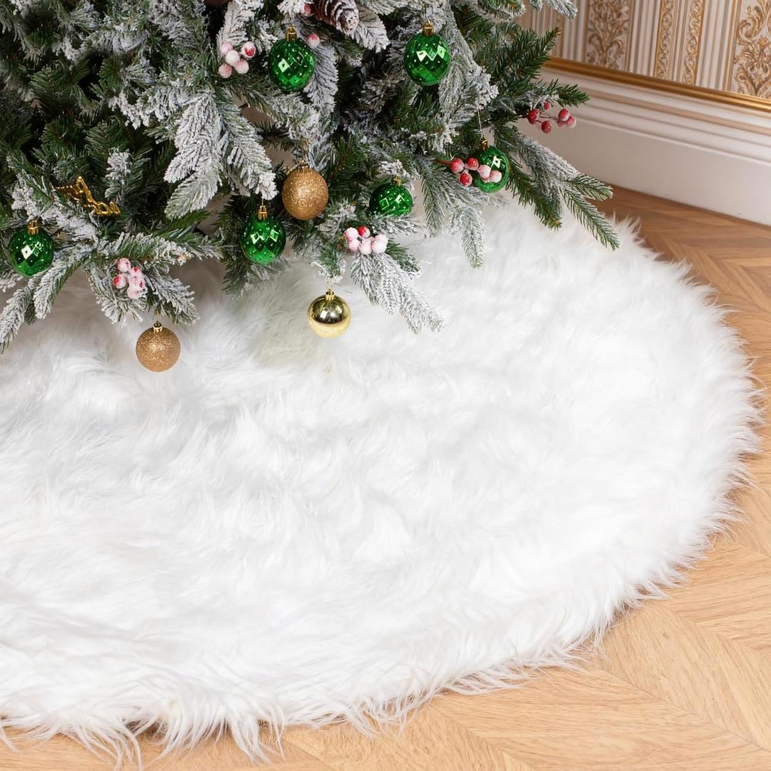 Vonhen 60 Inch White Christmas Tree Skirt with 4.5" Extra Long Pile Ultra Plush Faux Fur Tree Skirt for 6-9 Ft Trees