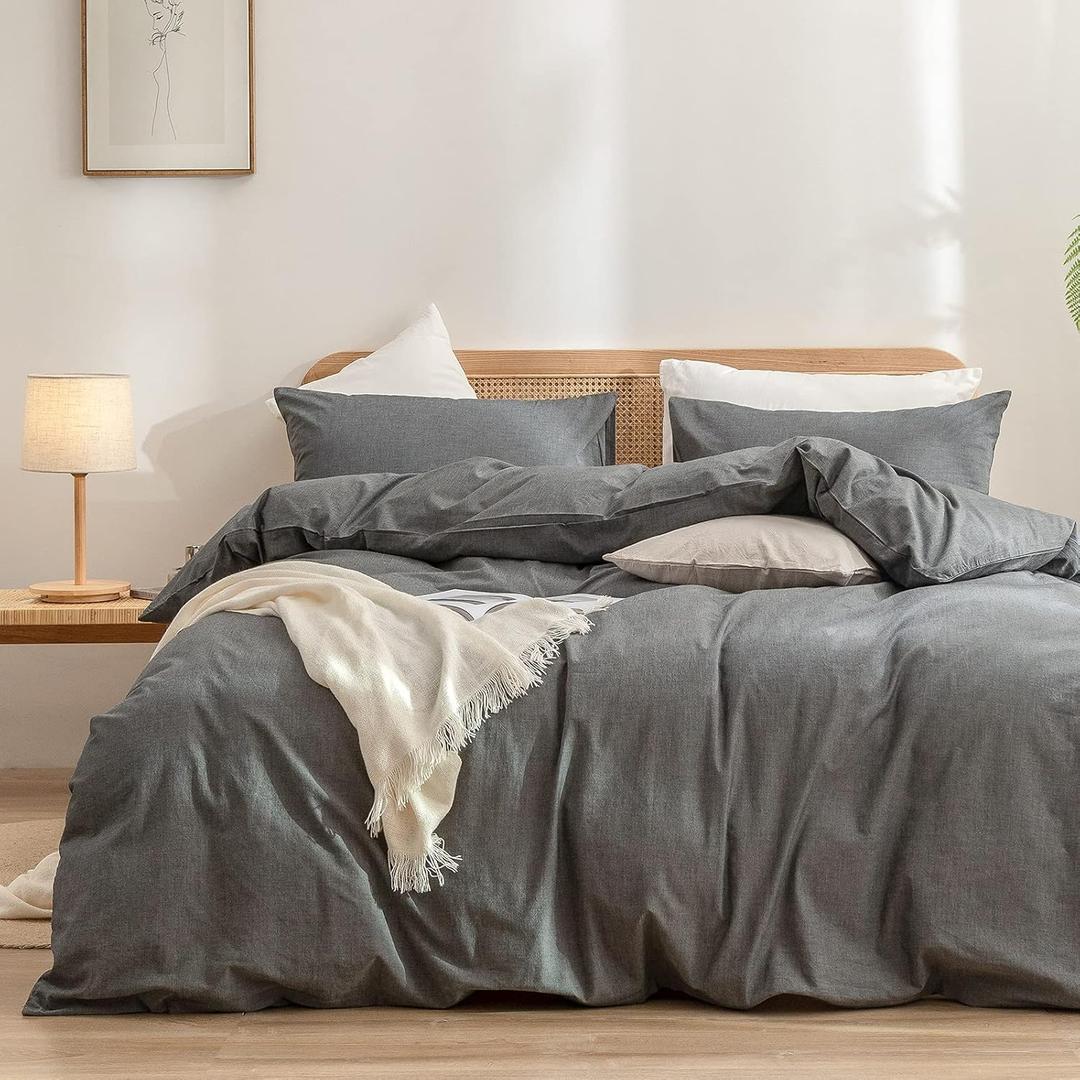 BESTOUCH Duvet Cover Set 100% Washed Cotton Linen Feel Super Soft Comfortable Chic Lightweight 3 PCs Home Bedding Set Solid Dark Grey Queen (Queen (90" x 90"))