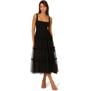 Adrianna Papell Women's Knit & Mesh Midi Dress | Tea Length Wedding Guest Dress with Knit Bodice & Mesh Tiered Skirt 6 Black