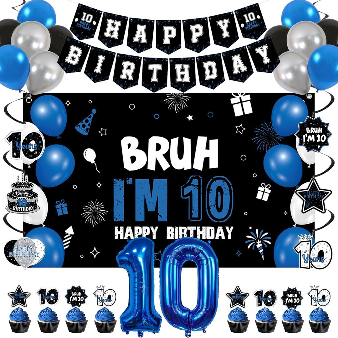 Vlipoeasn 10th Birthday Decorations Set for Boys Girls, 35PCS Black Blue 10 Year Old Birthday Backdrop Banner, Bruh I'm 10 Party Supplies