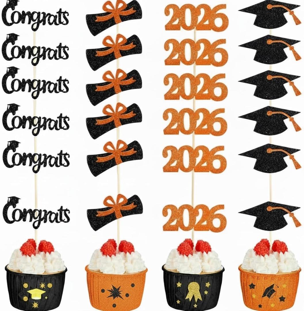 Chinco 100 Pack 2026 Graduation Cupcake Toppers Glitter Grad Cap Food Appetizer Picks Cake Caps Party Decorations Diploma Cupcake Picks for Cake Class of 2026 Graduation Party(Black and Orange)