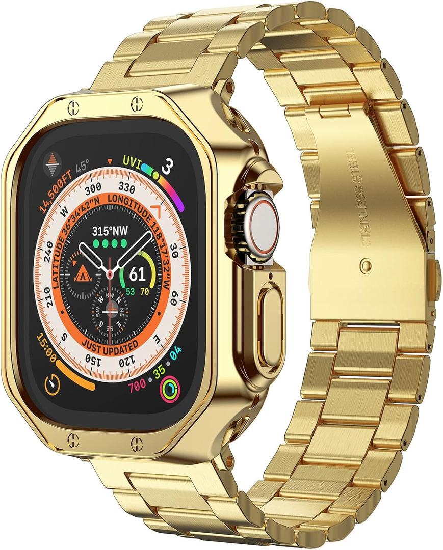 Compatible with Apple Watch Ultra 3/2/1 Band and Case, Stainless Steel Metal Chain with TPU Cover, Smart-Watch Link Bracelet Strap for men, Wrist-Band for i-Watch Ultra, 49mm, Gold