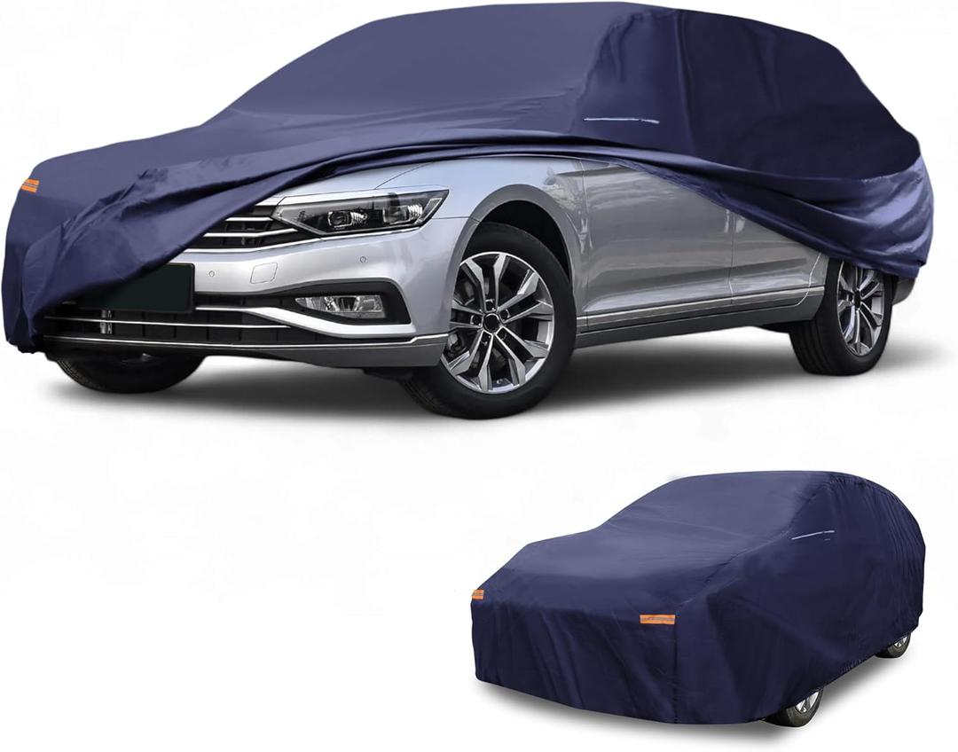 Waterproof All-Weather Universal Car Cover with Right Side Zipper & Mirror Pocket, 190T-PU Navy Blue Fits for Wagon 177" to 190" Length