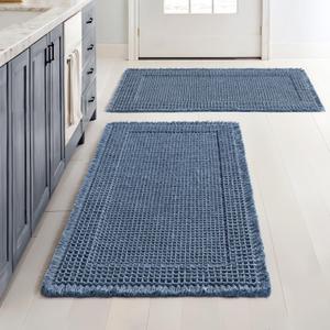 MIULEE Set of 2 Waffle Bathroom Rugs, Boho Bath Rug Super Absorbent, Non Slip Washable Ultra Soft Rubber Backed Shower Bath Mats for Floor, Tub, Shower, Bordered Design, Blue, 18x30 Inch
