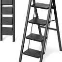 HBTower Step Ladder, 4 Step Ladder Folding Step Stool, Portable Sturdy Steel Ladder for Adults Home Outdoor Kitchen Garage,Black