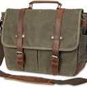 Vintage Genuine Leather Waxed Canvas Briefcase Large Satchel Shoulder Bag Rugged Computer 15.6" Laptop Bag
