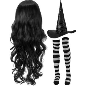 Janinka Halloween Witch Costume Set for Woman, Wig, Witch Hat, Socks (Black ,Gray)