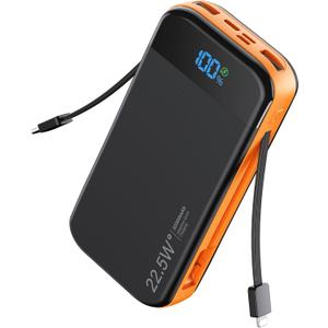 Portable Charger Power Bank Built-in Cables, 32000mAh 22.5W USB C Fast Charging, 5 Outputs 3 Inputs Travel Essentials Battery Pack Compatible with iPhone, iPad, Samsung, Google Pixel, Orange
