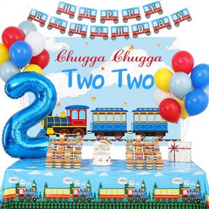 Chugga Chugga Two Two Party Decorations,Train 2nd Birthday Party Supplies, 2nd Birthday Decorations for Boys Include Banner, Tablecloth, Balloons, Cake Topper, Train Birthday Supplies