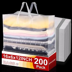 XPCARE 200Pack Frosted Plastic Gift Bags, 16x6x12 Clear Plastic Bags with Handles for Small Business, Boutiques, Retail Stores, Gifts & Merchandise(White)