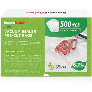 Bonsen kitchen Precut Vacuum Sealer Bags, 500 Pint 6" x 9" Food Sealer Bags, Commercial Grade, BPA Free, Heavy Duty, Customized Size Vacuum Bags for Vac Storage, Meal Prep or Sous Vide Cooking, VB11