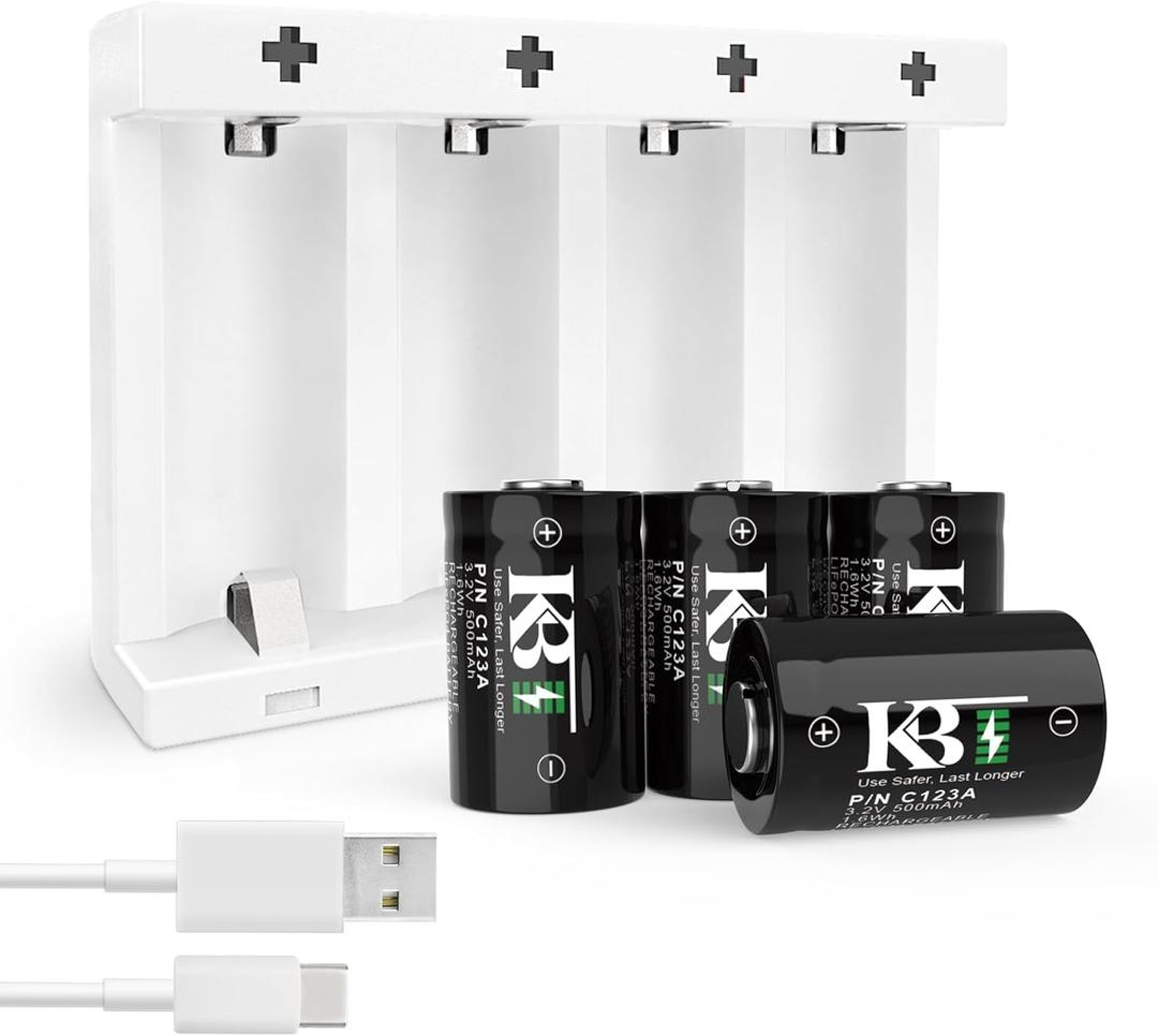 KBT 4 Pack LiFePO4 Phosphate Lithium CR123A with Charger, 3V 500mAh Rechargeable Battery for Flashlight, Headlights,Digital Cameras