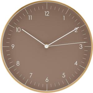 LUUK LIFESTYLE 10 Wall Clock with Silent Movement, Minimalist Scandinavian Design, Kitchen Clock, Decoration for Living Room, Bedroom, Hallway, Housewarming Present, in Brown and Gold