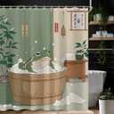 Japanese Funny Frog in Bathtub Shower Curtain Sets for Bathroom 60Wx72H Vintage Cute Animal Shower Curtain Retro Kwaii Rustic Green Polyester Bathtub Curtain Bathroom Decor with 12 Hooks