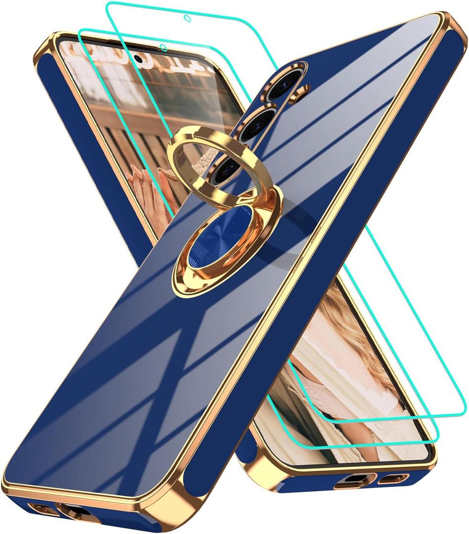 Gritup for Samsung Galaxy S24 Plus Case: with 2Pcs Screen Protector, 360 Rotation Ring Holder Magnetic Kickstand Plating Gold Edge Soft TPU Shockproof Protective Cover for S24 Plus, Blue