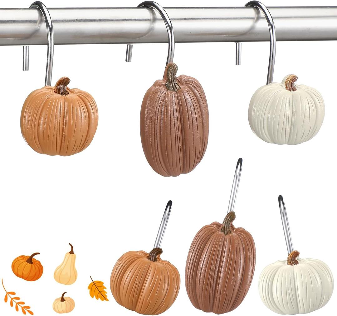 Weysat 12 Pcs Pumpkin Decorative Shower Curtain Hooks Fall Shower Curtain Rings Hanger Stainless Steel Resin Thanksgiving Bathroom Hook for Halloween Farmhouse Rustic Bathroom Decor(Brown,Pumpkin)