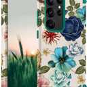 Hocase for Galaxy S25 Ultra Case, Shockproof Heavy Duty Hard Plastic+Soft Silicone Rubber Bumper Hybrid Dual-Layer Protective Case for Samsung Galaxy S25 Ultra 6.9" 2025 - Teal Flowers