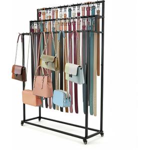 Belt Rack, 3-Tier Belt Organizer with 42 Hooks & Wheels, Tie Rack & Bag Rack for Retail Display, Multi-Layer Belt Hanger & Tie Hanger for Store (Black)