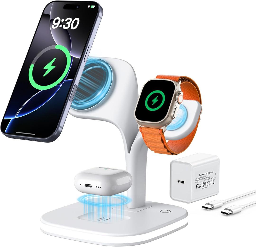 EXW for Magsafe Charger Stand,Charging Station for Multiple Devices,Wireless Charger for iPhone 17 Air 16 15 14 13 12 Series,Apple Watch Series 1-10/Ultra,AirPods Pro with LED and Adapter (White)