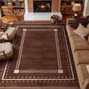 Brown Bordered Rugs for Living Room 8x10, Non-Slip Washable Farmhouse Bedroom Rug, Ultra-Soft Low-Pile Indoor Carpets, Stain-Resistant Vintage Polka Dot Rugs for Dining Room, Office