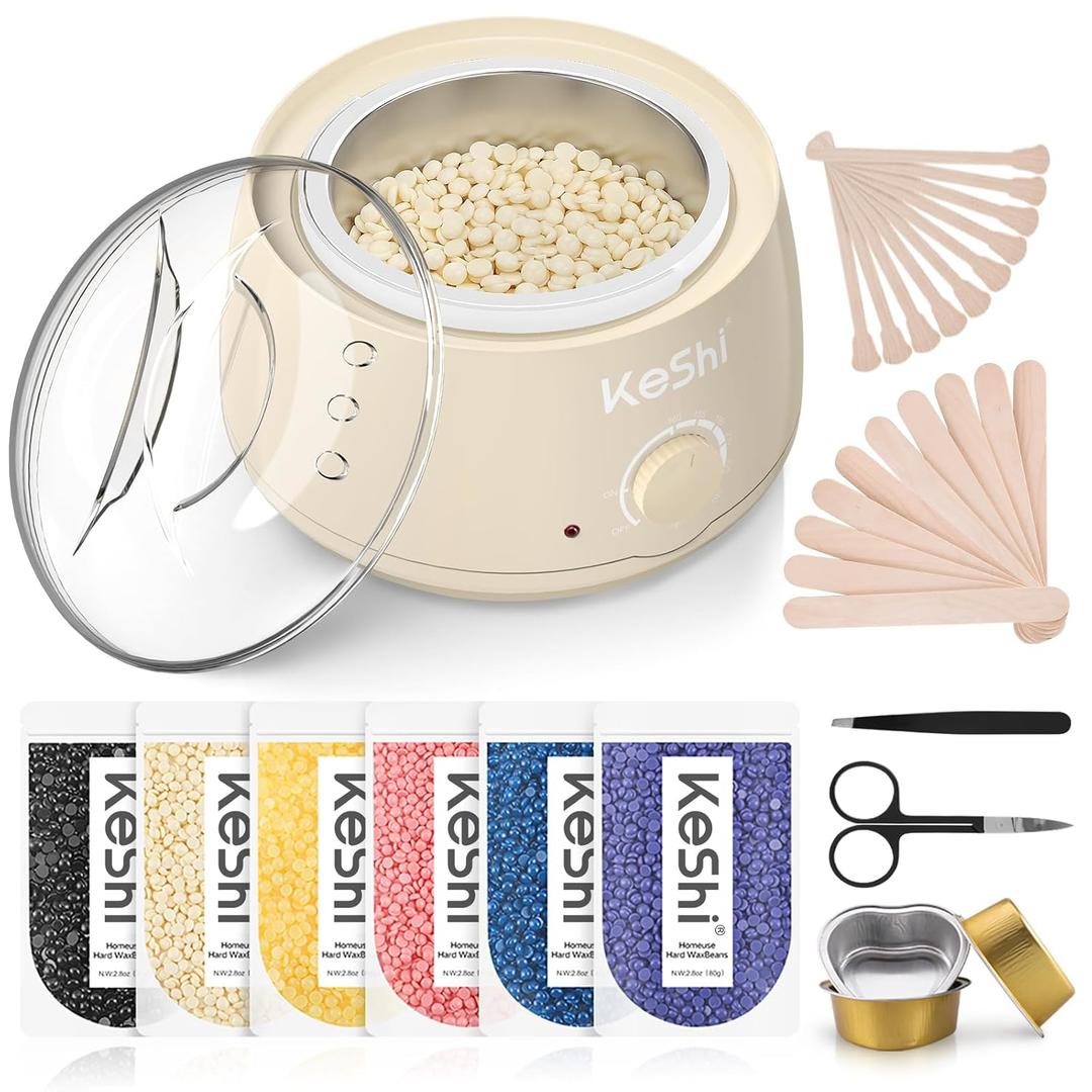 KeShi Waxing Kit, Painless Hair Removal Wax Warmer with 6 Bags Hard WaxBeans for Full Body, Legs, Face, Eyebrows & Bikini Ideal for Both Women & Men (Cream)