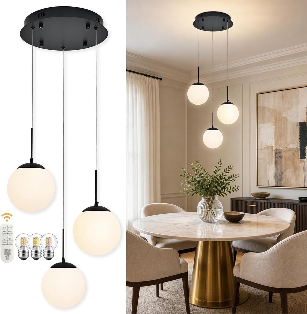 KoKo&Yukina 3 Light Globe Glass Pendant Light Modern Black Globe Chandelier Adjustable Length Pendant Light Fixtures Milky White Glass Ceiling Light for Foyer Hallway, Globe, 3-Light, D11.8"