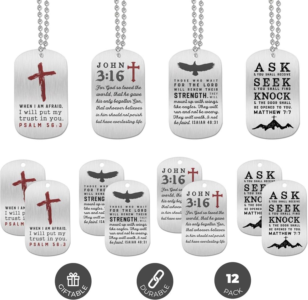 Inkstone Dogtag Necklaces | (4 Pack) | Bible Verses Psalm 56:3, Isaiah 40:31, and Matthew 7:7" | Wholesale Bulk Religious Party Favors and Christian Bible Gifts for Men Women