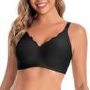 Hedya Flow Womens Seamless Bras No Underwire Supportive Wireless Push Up Full Coverage Bralette Comfort Scalloped T-Shirt Bra Black 3XL