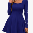 BTFBM Square Neck Dress for Women Casual Spring Long Sleeve Knit Pleated Elegant Classy 2026 Fall Cocktail Mini Dresses M