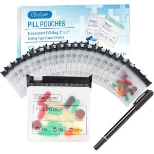 Serfeymi 32 Pcs Pill Pouch Bags for Travel Reusable Plastic Bags 3 x 3 Inches 12 mil (Double Sided) Translucent Zippered Pill Pouches for Medicine with Slide Lock & Writable Label1 Pc Marker - Black