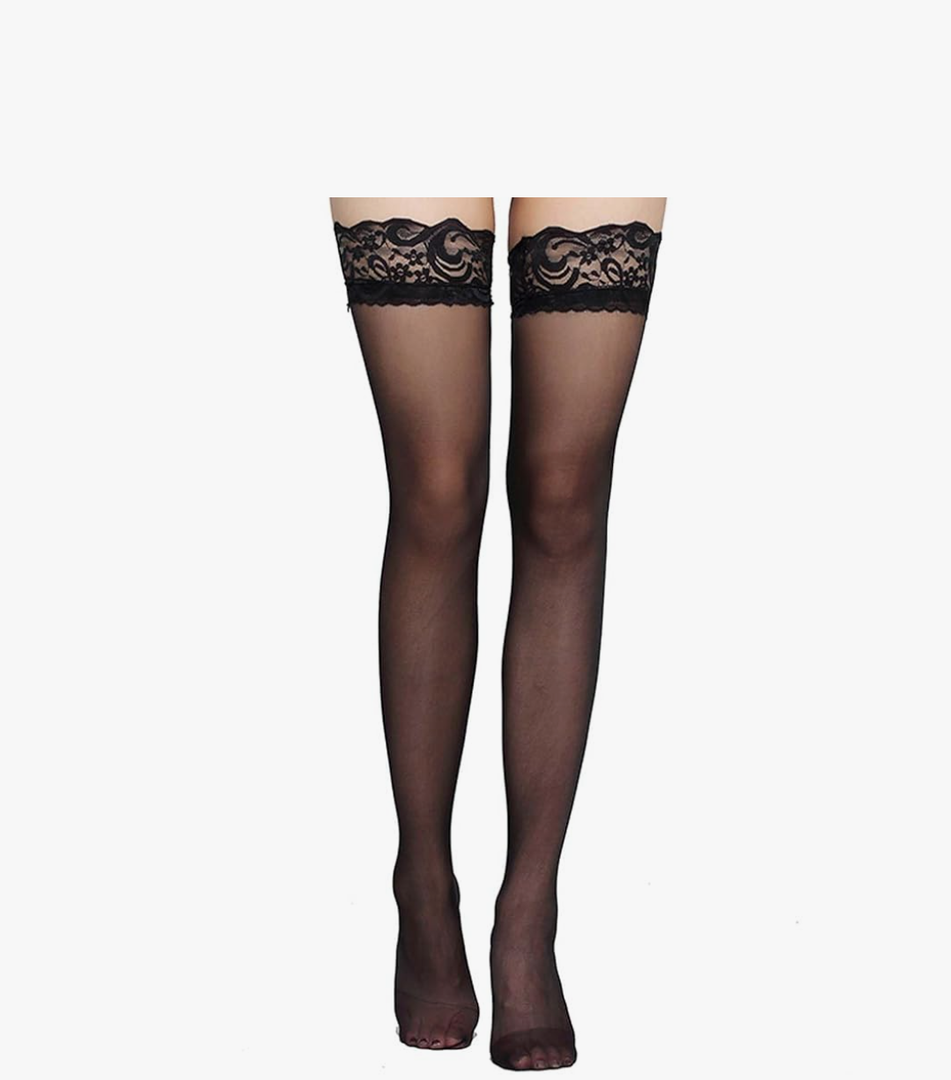 Bencailor 4 Pairs Fishnet Thigh High Stocking Silicone Lace Top Sheer Over Knee Stocking Silky Stockings for Women(Black, Large)