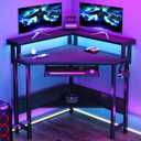 DUMOS Conner Desk Home Office Computer Desk for Small Space with LED Lights Gaming Table with Storage Shelves Power Outlets Monitor Stand Keyboard Tray for Bedroom, Black (31 IN)