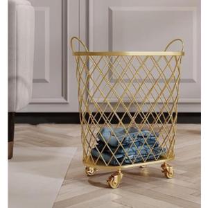 QQXX 360 Laundry Hamper with Wheels,Round Mesh Metal Rolling -Iron Scandinavian ins Bathroom Dirty Clothes Basket Toy Storage Frame, Gold, (1671979), 55x45x38.5cm(21.65x17.7x15.15inch)