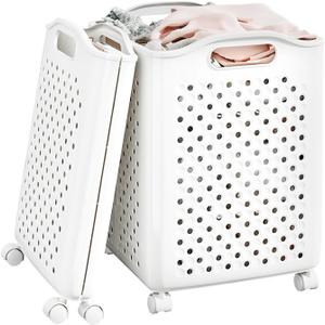57L Collapsible Laundry Basket with Wheels, Laundry Basket Collapsible, Foldable Laundry Baskets with Handles, Dirty Clothes Hamper for Dorm, Bedroom and Bathroom (Pearl White)