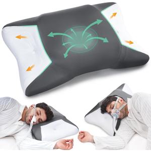 BAMHILL CPAP Pillow for Side Sleeping, Ergonomic Orthopedic Pillow for All CPAP Masks Users to Reduce Air Leaks & Masks Pressure, Cervical Neck Pillow for Neck Pain Relief Ideal for Side Back Sleeper (Dark Grey)