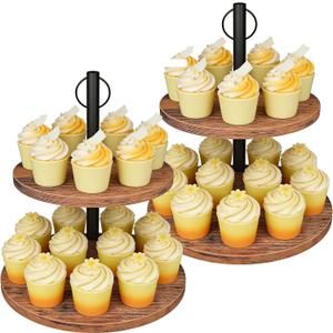 Cupcake Stand, 2 Pack Rustic Wood Cake Stand, 2 Tier Cupcake Tower Round Tiered Tray Stand for Dessert Table Display, Industrial Wooden Serving Stand Wedding, Graduation and Baby Shower